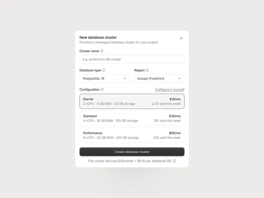 Database configuration screen